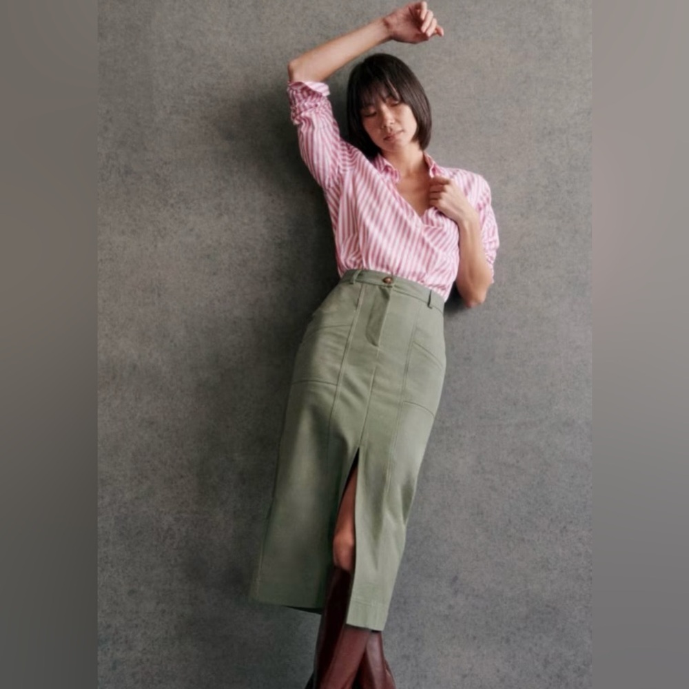 Sezane Nolane Midi Skirt Kaki Green